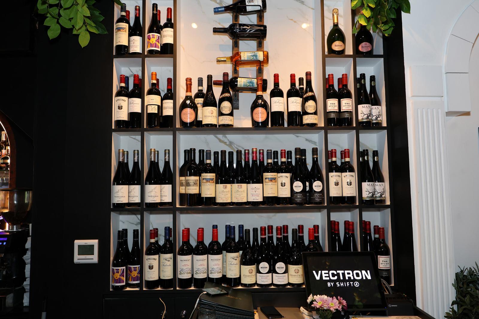 The wine wall, ready for the evening